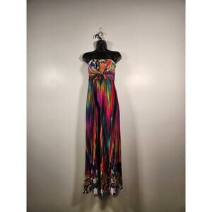 Vintage Y2K Strapless Maxi Dress Womens M Multi Floral Paint Drip Artsy Summer